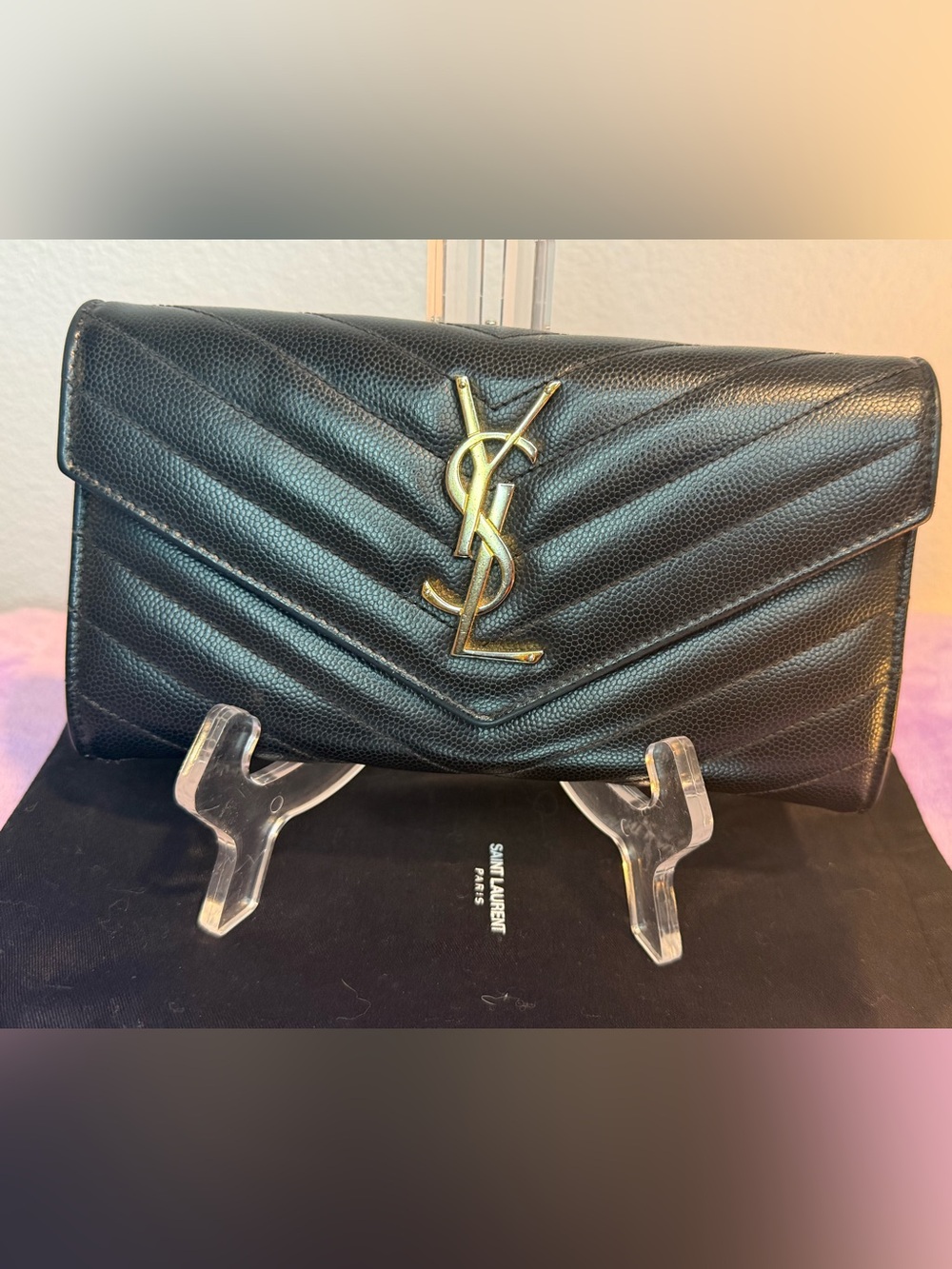 Authentic YSL Black Grained Leather Cassandre Matelassé Large Flap Wallet